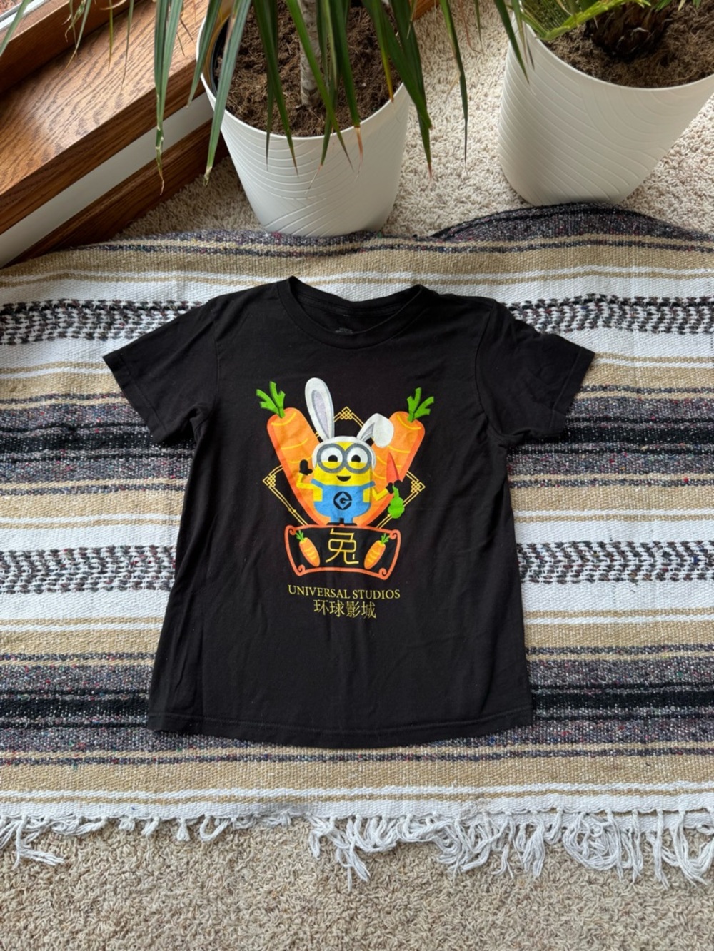 Universal Kids Black Tee with Yellow Minion & Orange Carrots